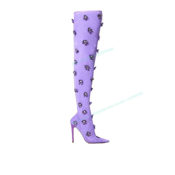 Purple Crystal Decor Boots Over The Knee Pointed Toe Shoes