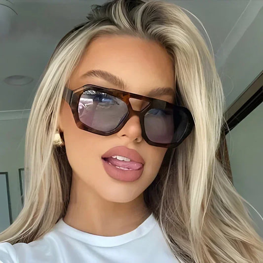 Retro Double Bridges Sunglasses Big Frame Leopard Brown Gradient Eyewear Sun Glasses