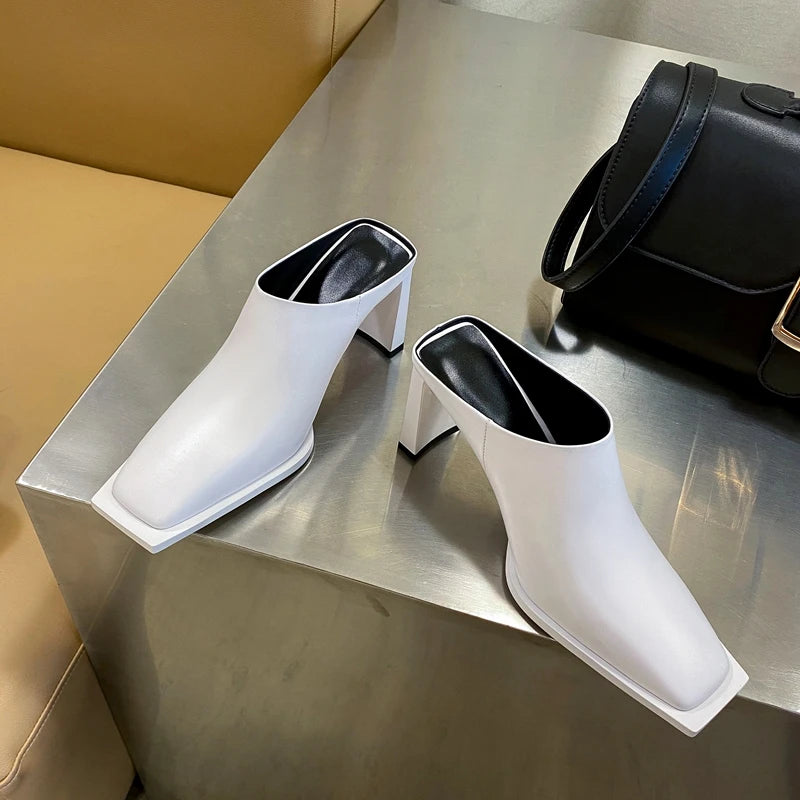 Leather Cowhide Square Head High Heel Large Size Muller Slippers