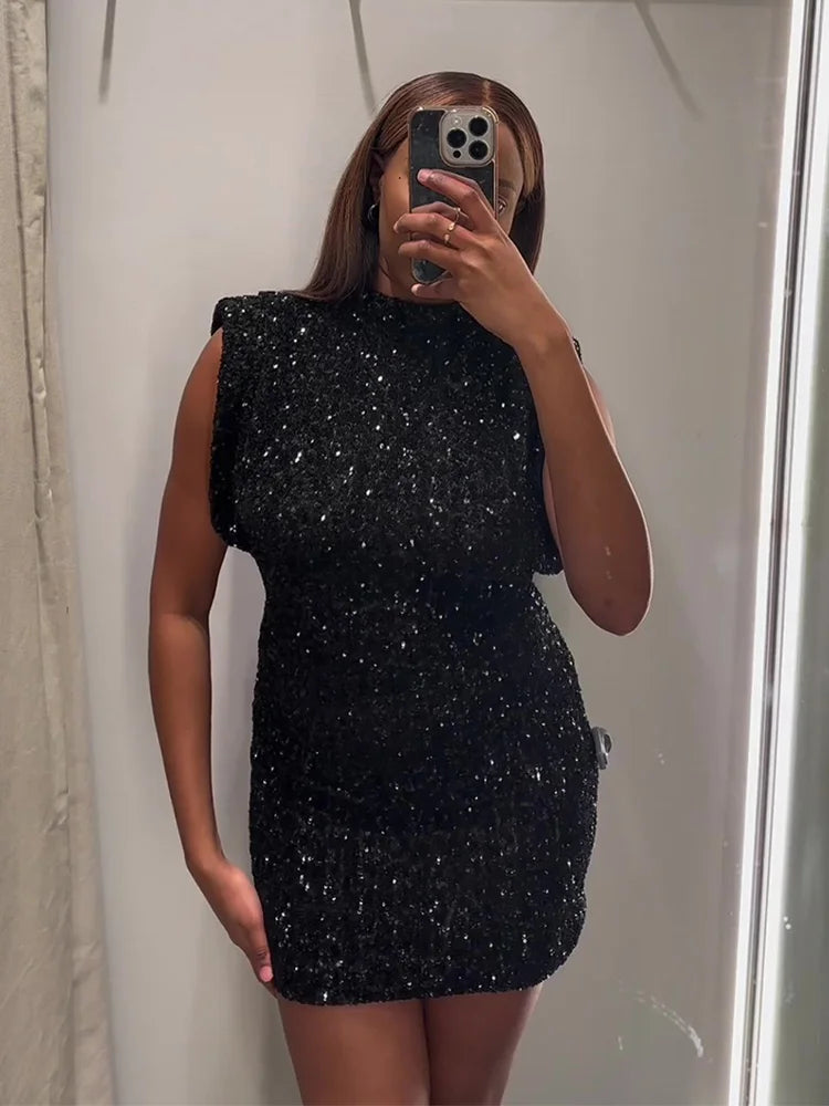 Sequin Shiny O Neck Mini Dress