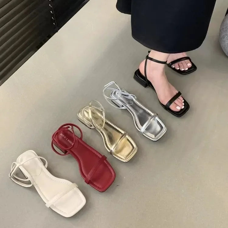 Spring Autumn New Fashionable Korean Style Casual Low Heel Square Toe Sandals With Dress Beach Sea