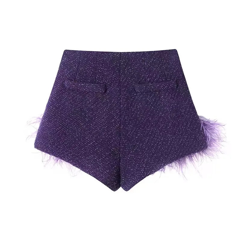 Slimming Short Pants Female with Feather Solid Pants High Street