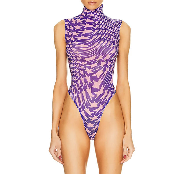 Printed flocked mesh backless sleeveless bodysuit