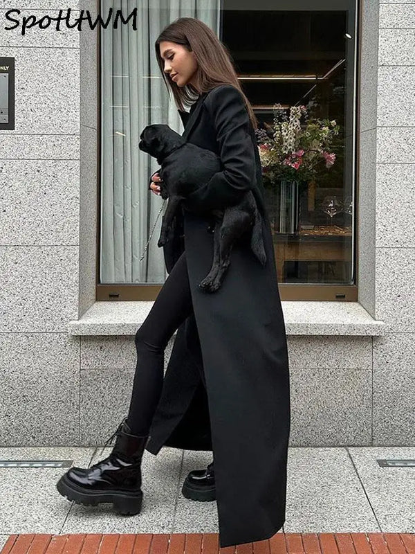 Black Vintage Lapel Collar Women Floor Length Coat Long Sleeve Oversized Loose Elegant Overcoat 2023 Autumn Chic High Streetwear