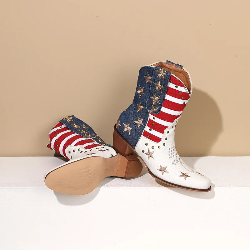 Cowgirl Cowboy Western Boots USA Flag Ankle Booties Denim Stars Stripes Heeled Shoes 2025 New Footwear