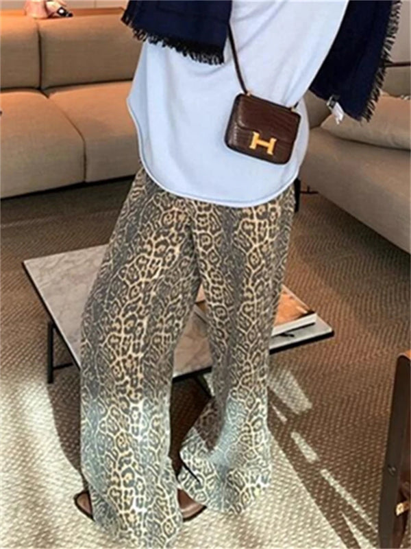 Leopard Print Jeans High Waisted Vintage Wide Leg Denim Trousers