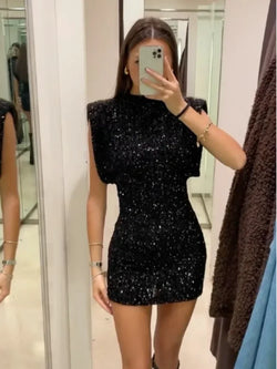 Chic Shiny Black Sequins Mini Dress