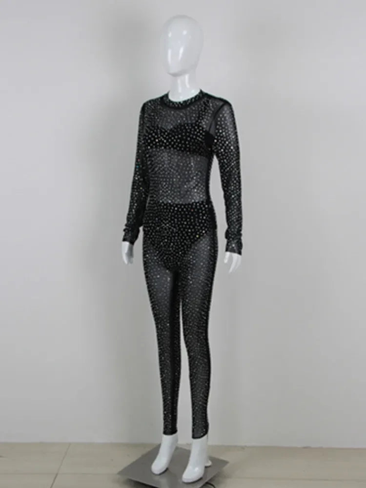 Rhinestone Mesh See Though Black Bodycon Jumpsuit Designer