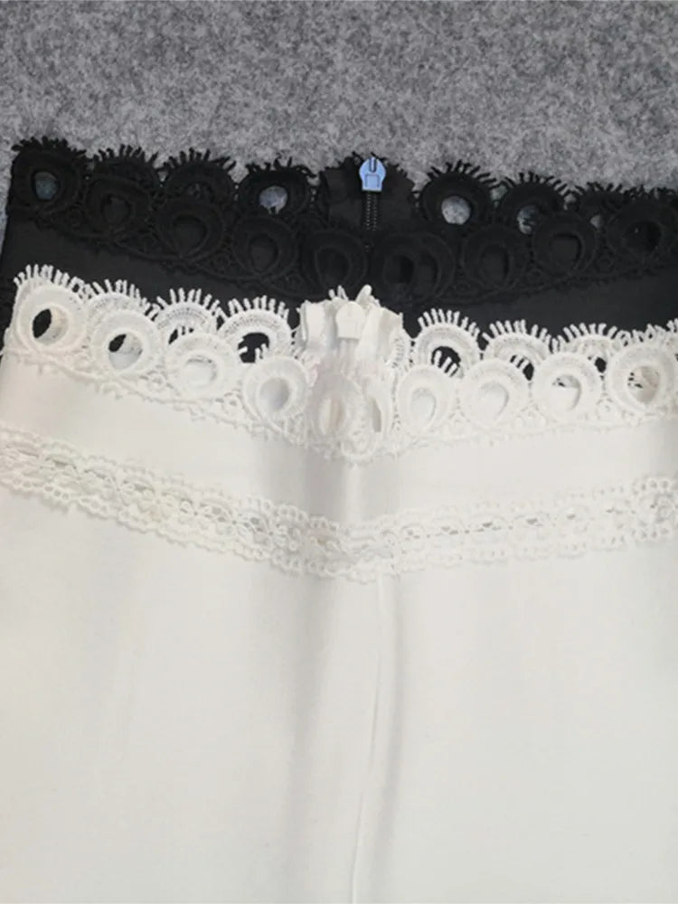 Long Sleeve Black White Lace Bodycon Two Pieces Set Party Celebrity Bandage Boot Cut Pants Suits