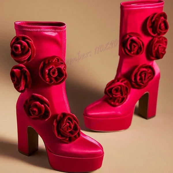 Rose Red Satin Flower Platform Boots Round Toe Shoes