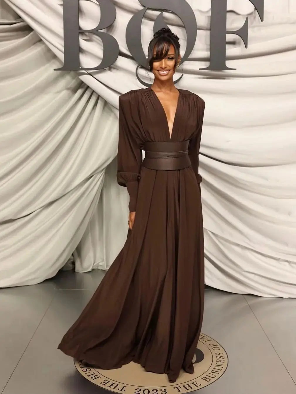 Long Sleeve Pleated Maxi Dress 2024 Elegant Evening Party Dress Vestido