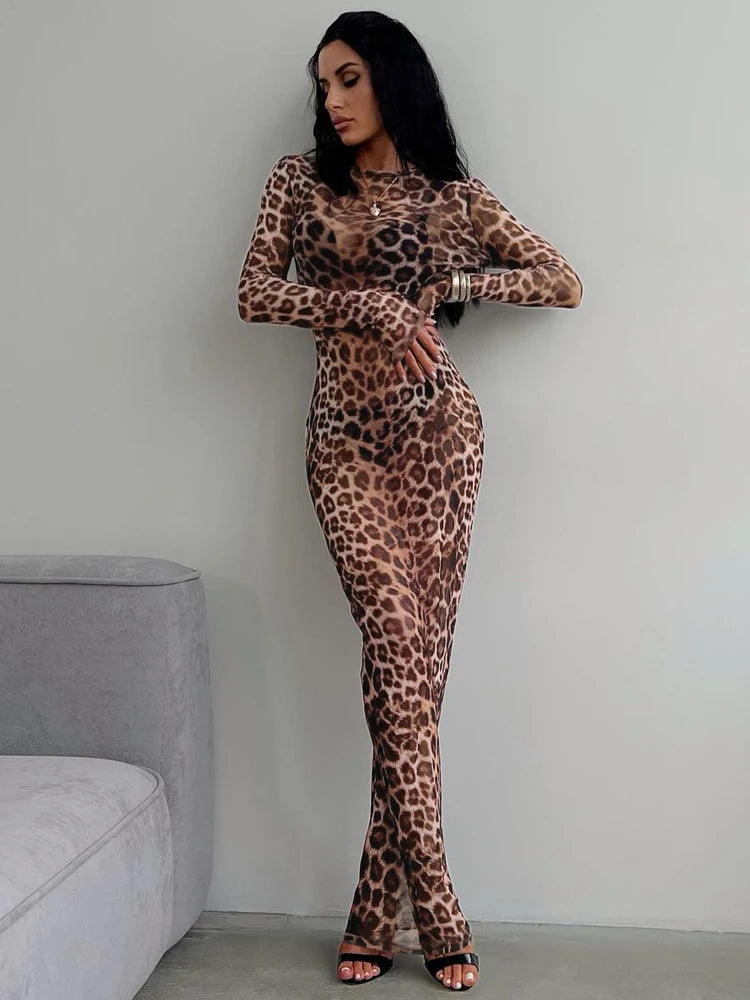 Leopard Print Mesh Long Sleeve Slim  See Through Maxi Dress