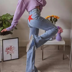 Retro Five Pointed Star Straight Women Jeans European and American Style Design Slim Fit Leg Length All Match Pants