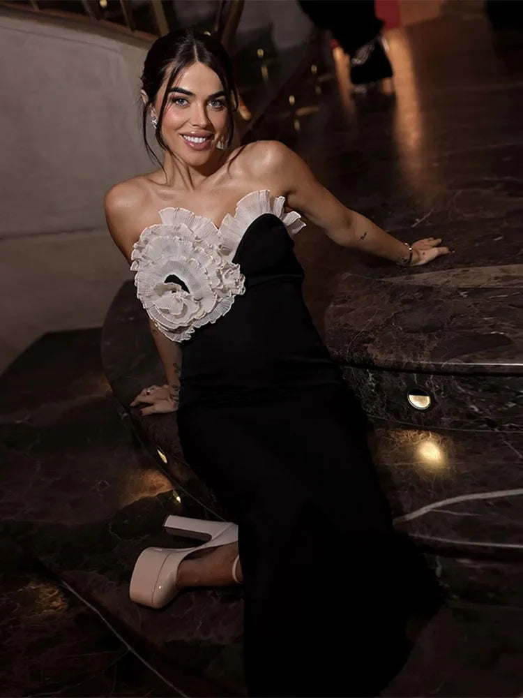 3D Flower Strapless Velvet Dresses