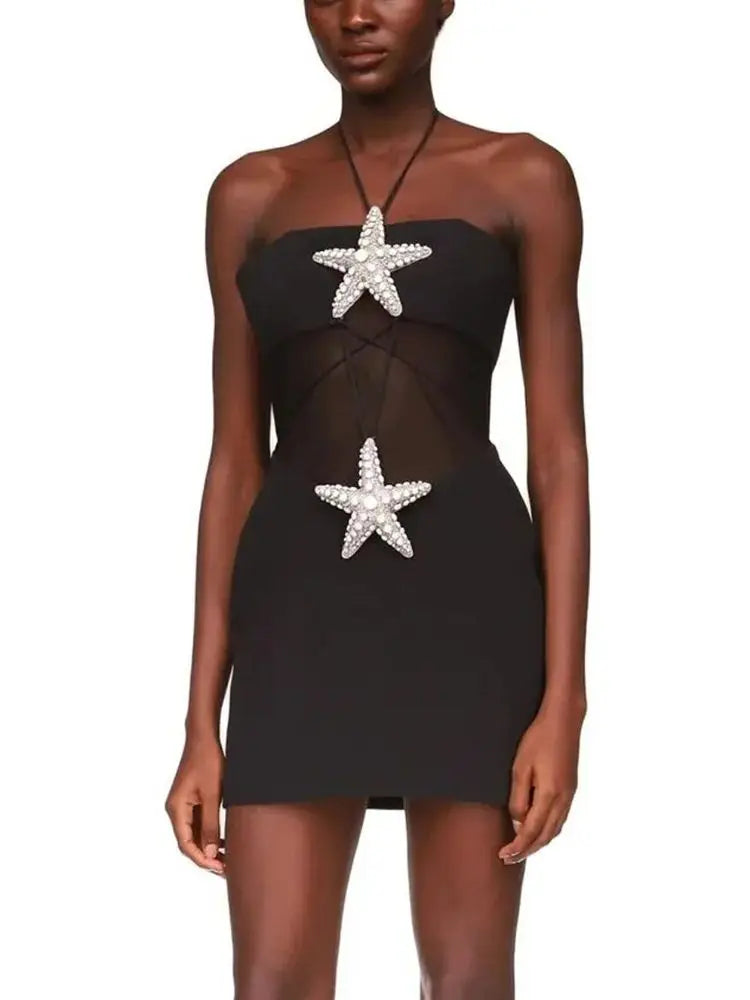 Backless Diamond Starfish Mesh Mini Tight Bandage Dress Elegant Celebrity Party Dress