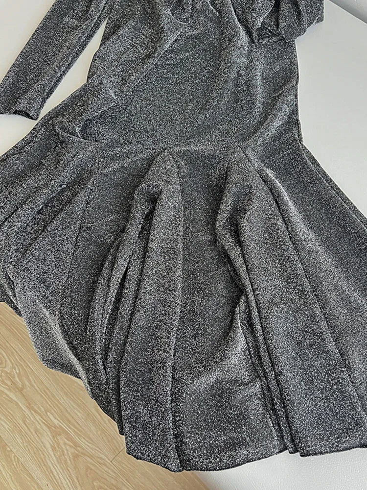 French Elegance Silver Mermaid Dress Sparkly Turtleneck Luxury One-Piece Frocks Party Prom 2000s Aesthetic Sweet Formal Occasion