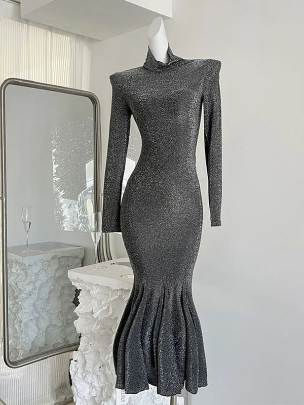 French Elegance Silver Mermaid Dress Sparkly Turtleneck Luxury One-Piece Frocks Party Prom 2000s Aesthetic Sweet Formal Occasion