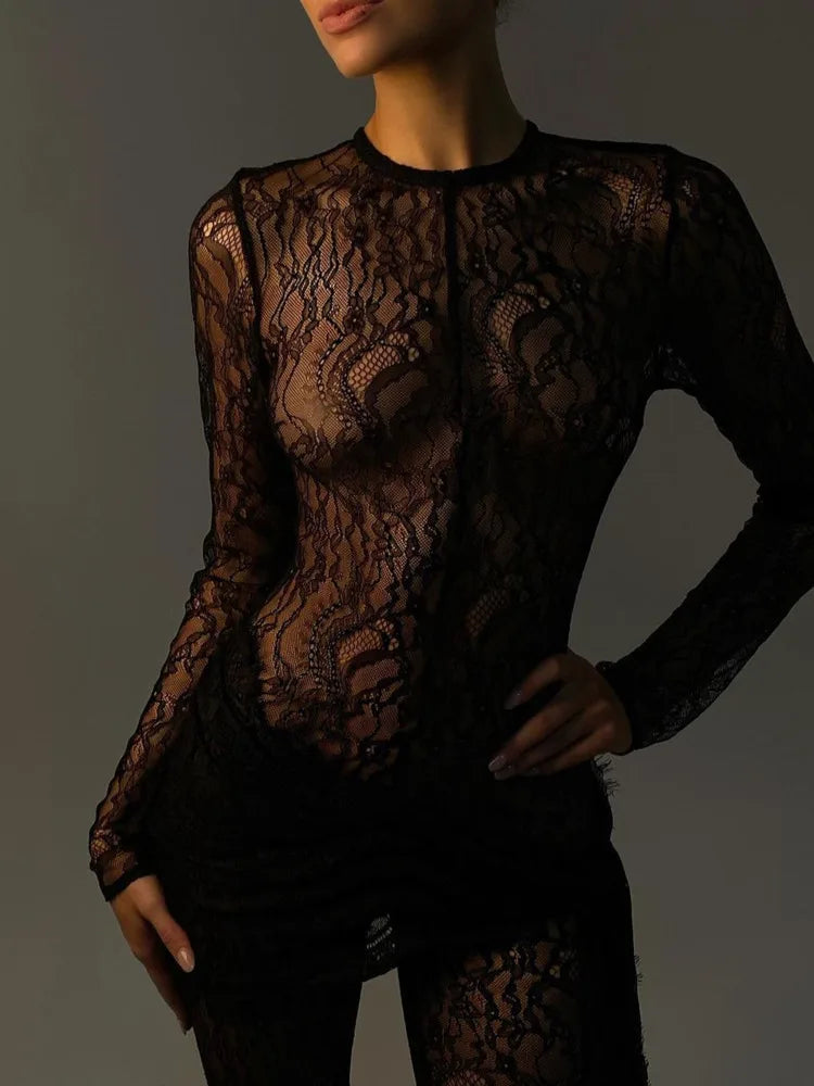 Lace See Through O-Neck Long Sleeve Jumpsuits One-piece