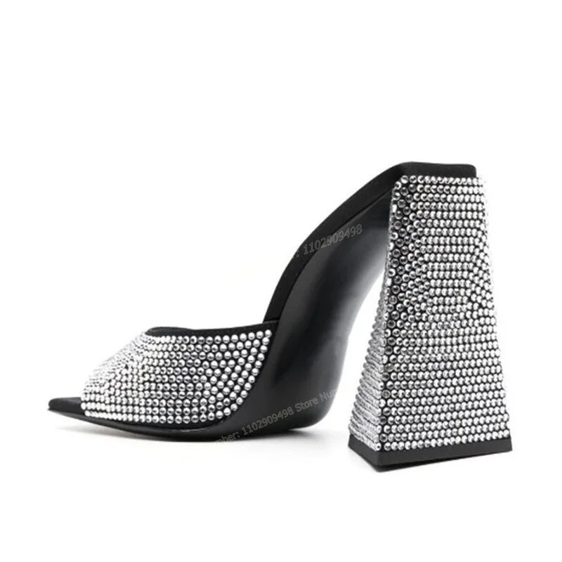 Black Crystal Decor Square Toe Slippers Open Toe Shoes