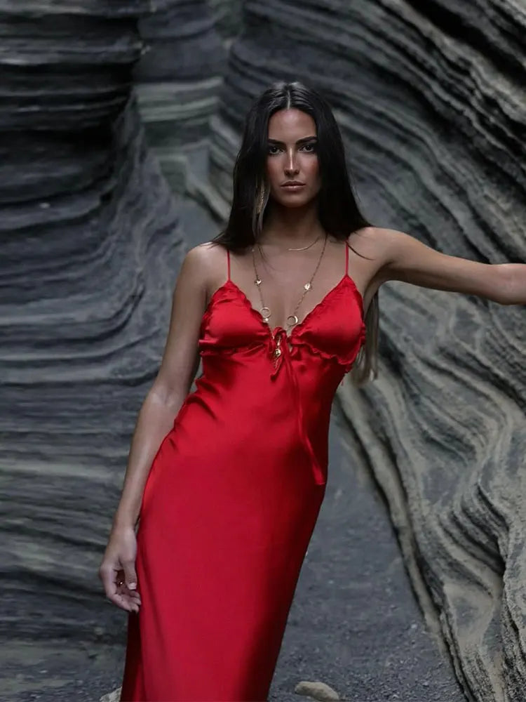 Backless Red Satin Maxi Dress Elegant V Neck Lace Up Dress Sleeve Ladies High Street Vestidos