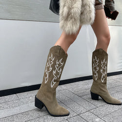 Cow Suede m Boots Handmade Pointed Chunky Heel Slip-on Knee High Long Boots Retro Cowboy Cowgirl Western Boots