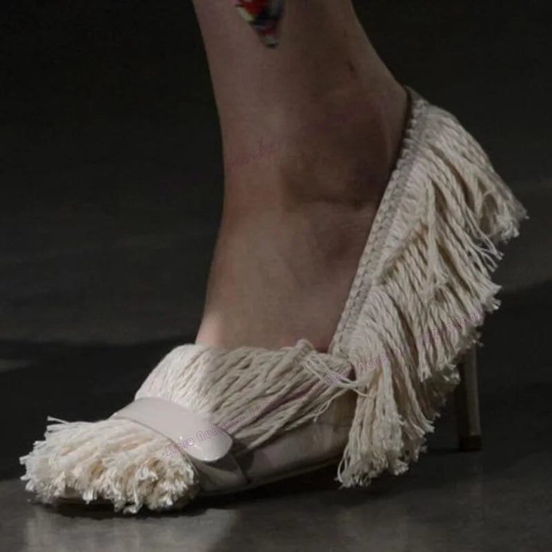 White Tassel Decor Runway Pumps Shallow Pointed Toe Shoes