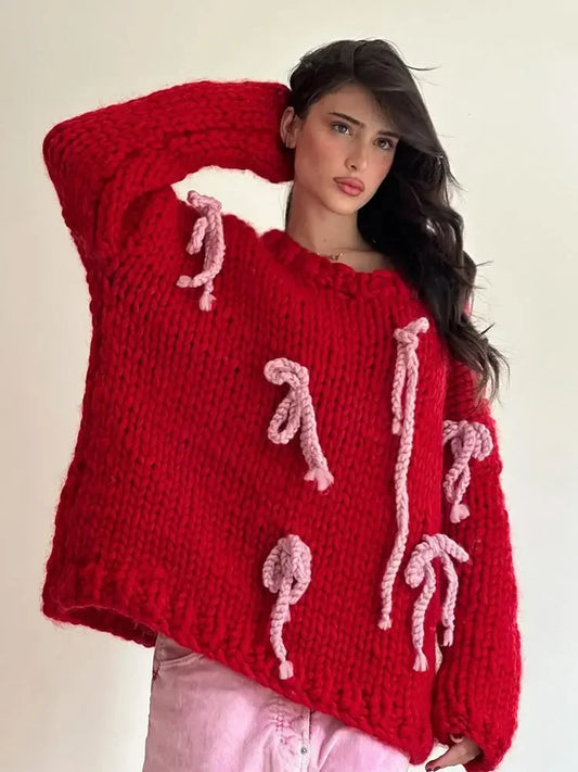 Contrast Bow Lace-up Knitted Pullover Long Sleeve Loose Sweater