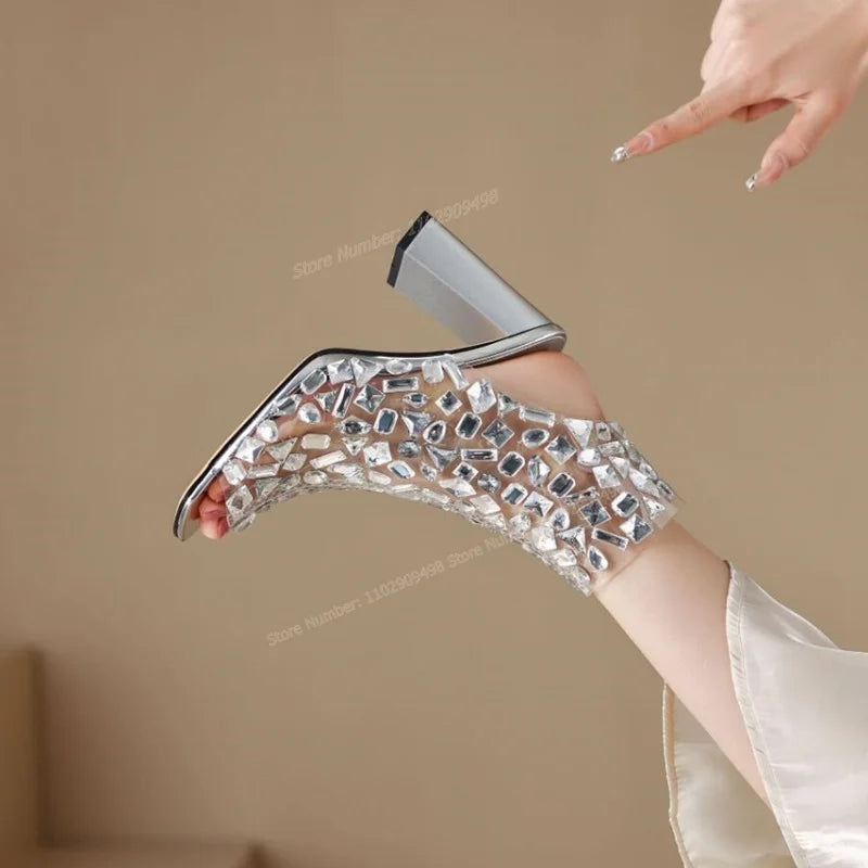 Silver Crystal Decor Peep Toe Sandals Square Toe Shoes