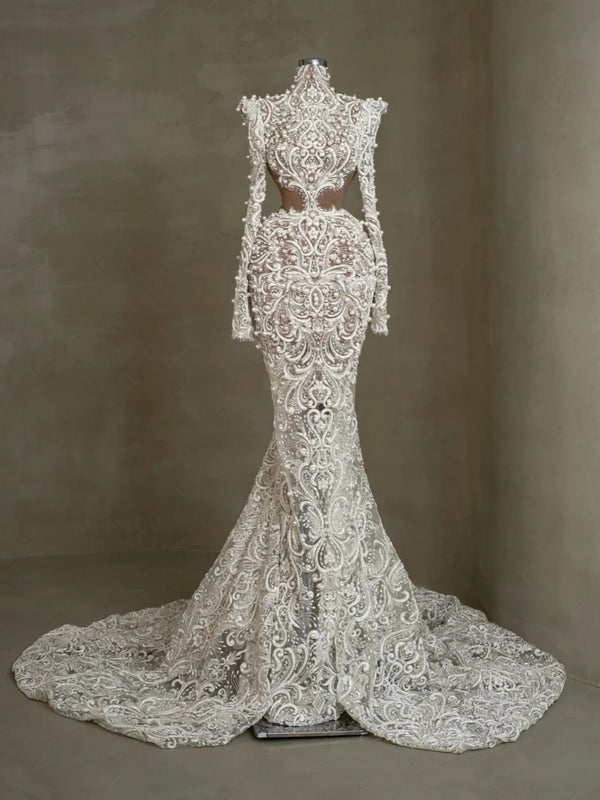 Luxury High Neck Wedding Dress Crystals Mermaid Pearls Bride Robe