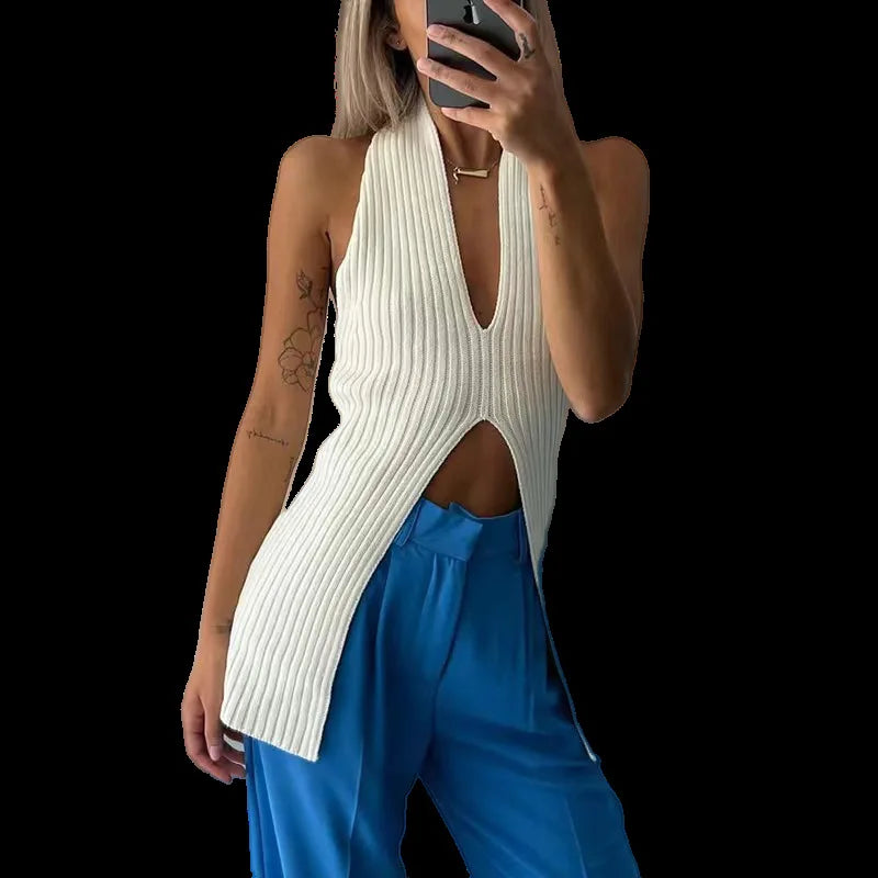 Skinny Knitted Sweater Vest New V-Neck Slit Sleeveless Women's Chic Knit Vest for Women Summer Tops