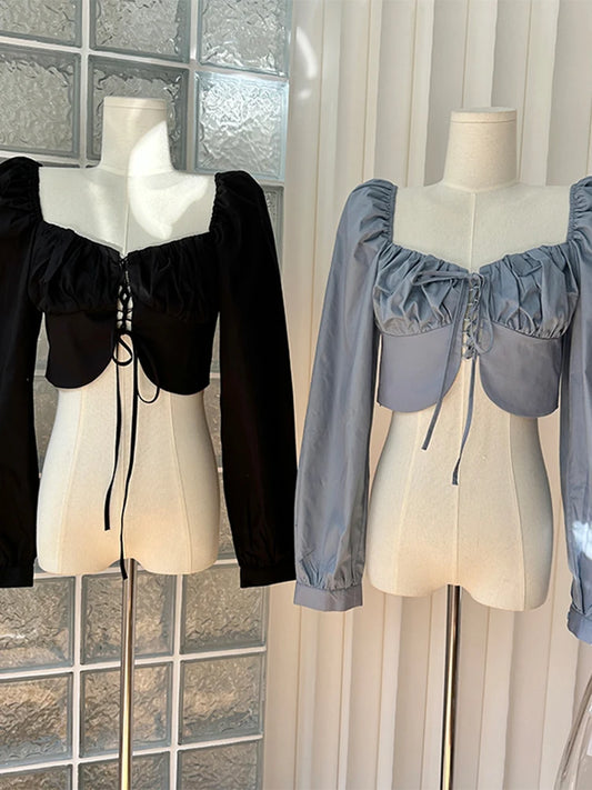 Fall Women Solid Color Pleated Crop Top Square Collar Long Sleeve Tie Up Shirt
