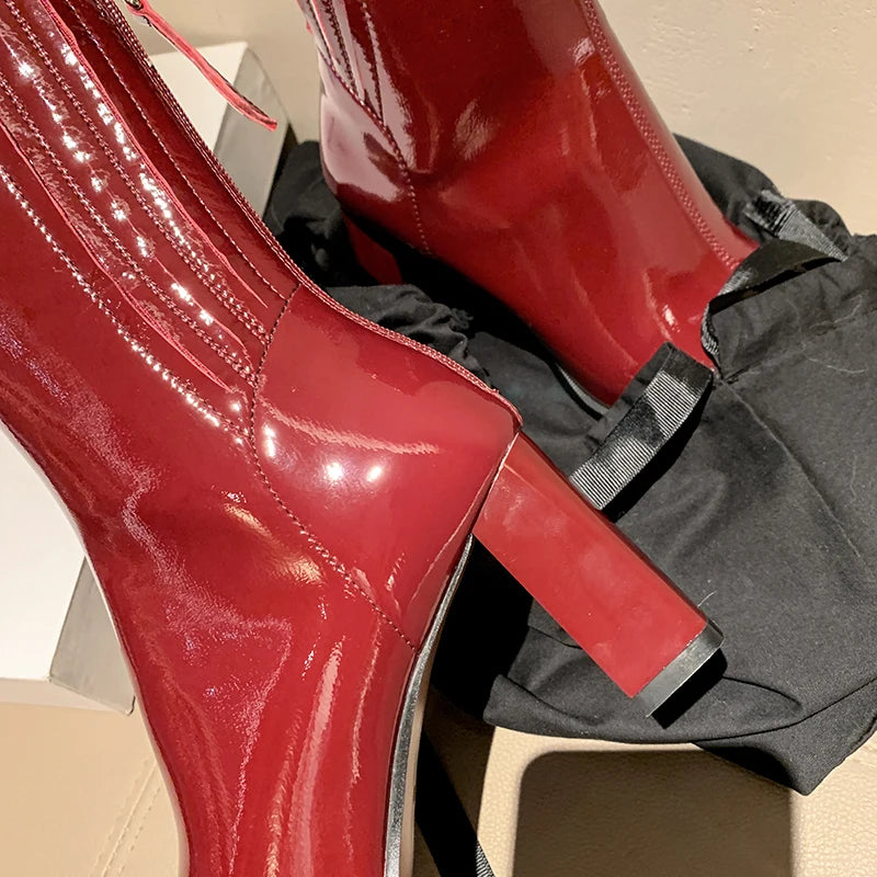 Mid-calf Boots Female Spring & Autumn Square Toe Chunky High Heels Boots De Botas