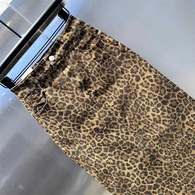New Temperament Leopard Fashion Skirt spring Summer And Autumn New High Waist Slim Fashion Leopard Denim Hip Skirt