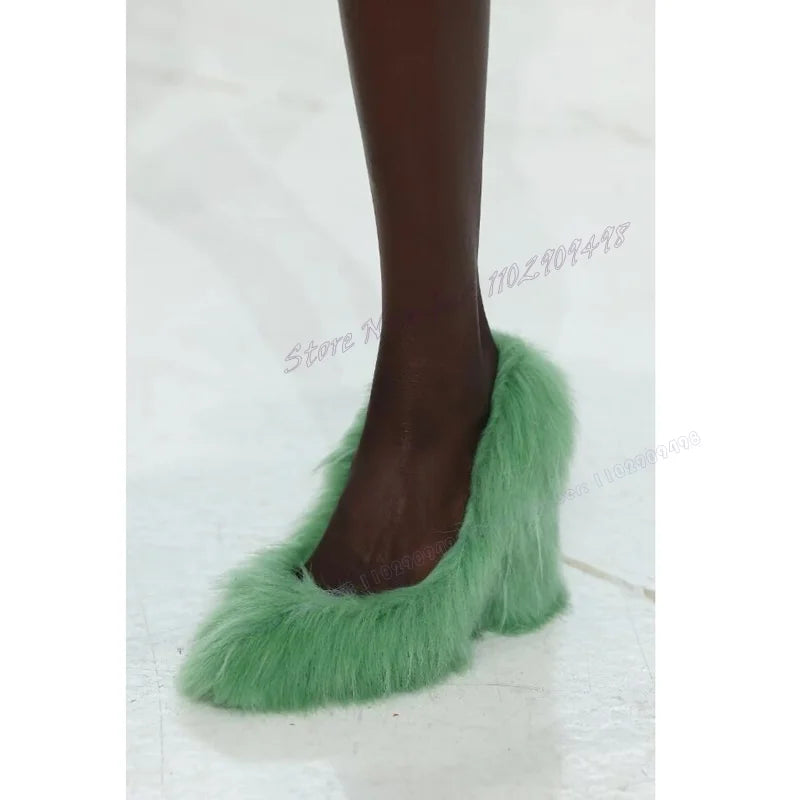 Green Fur Decor Chunky Heels Pumps Pointed Toe Shoes Zapatos Para Mujere