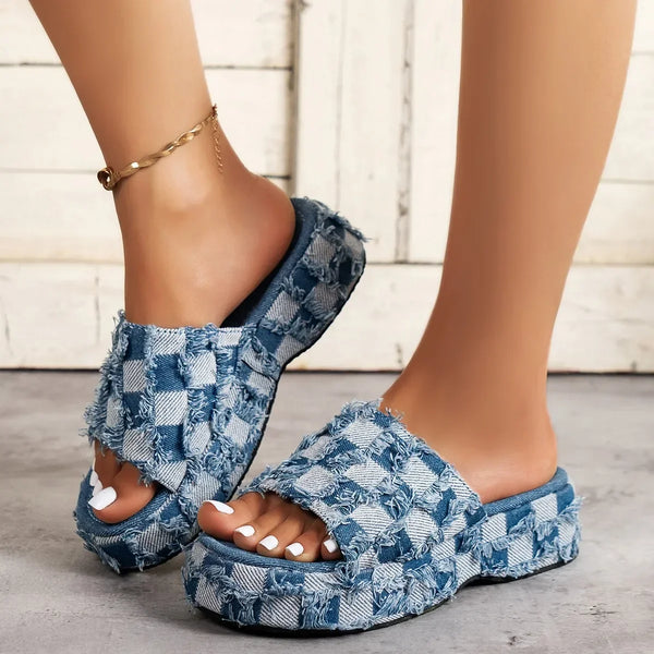 Denim Jean Slides Sandals Women Slip on Wedges Platform Casual Open Toe