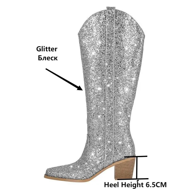 Pointed Toe Sliver Glitter Knee High Boots Western Cowboy Boots Bling Shiny Block  Heel Handmade Cowgirl Boots