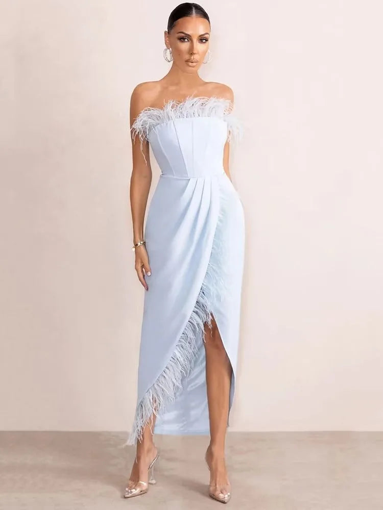 Rose Sky Blue Strapless Feather Tight Split Mid-Calf Bandage Dress Elegant Evening Dress