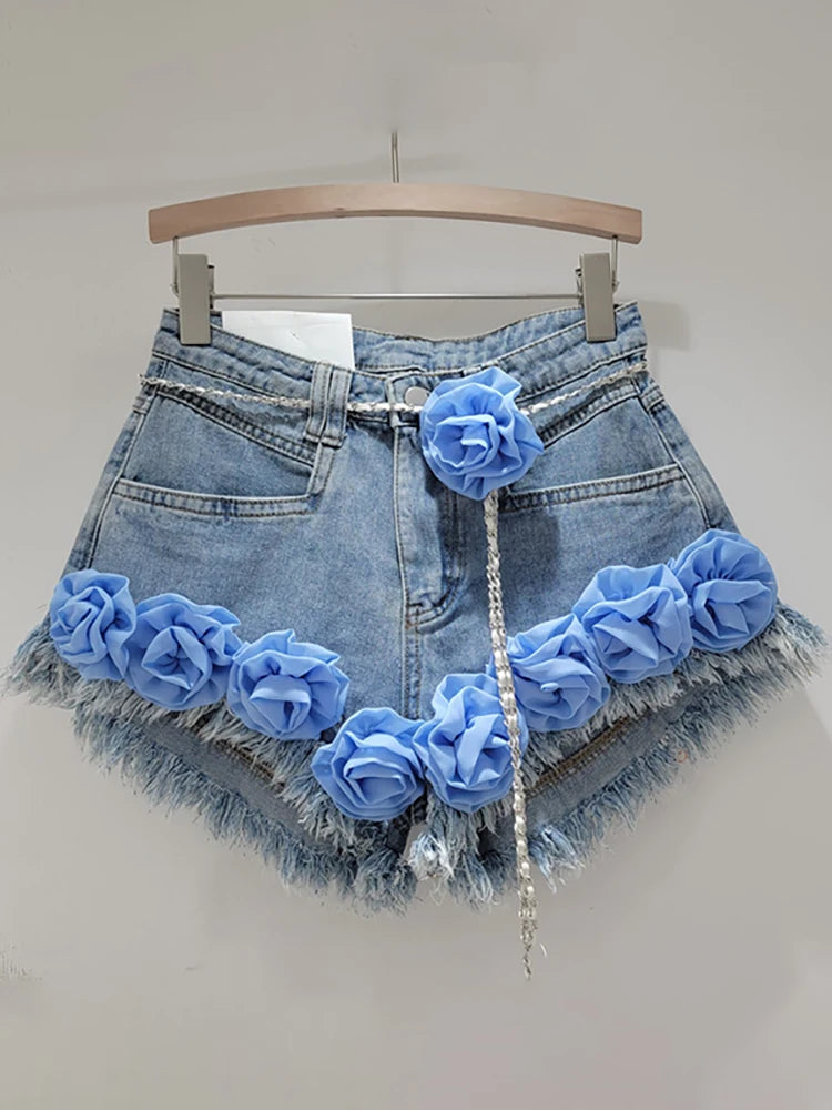 Denim Shorts Colorful 3D Flowers Twist Belt High Waist Burrs Wide Leg Short