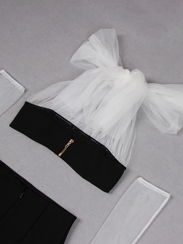 Backless Mesh Gloves Maxi Long Bodycon Bandage Skirt Set