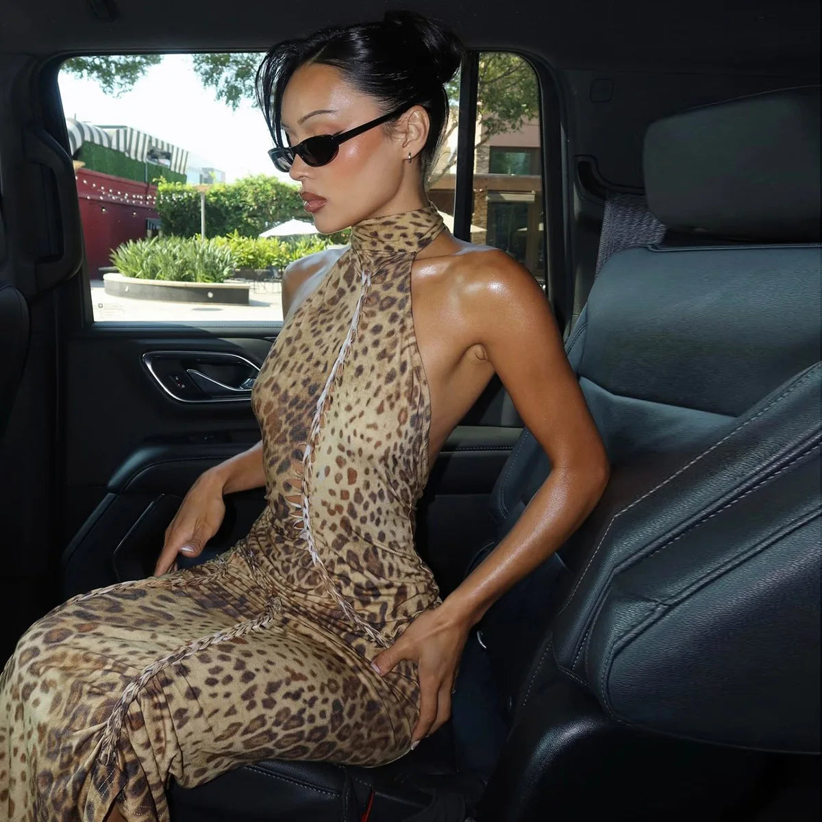 Halter Leopard Backless Maxi Dress Women Long Dresses