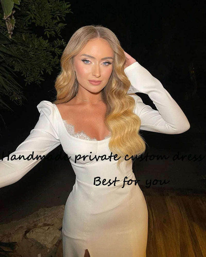 White Lace Satin Mermaid Bride Wedding Dresses Long Sleeve Square Neck Bridal Gowns