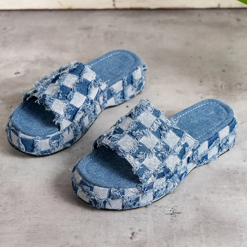 Denim Jean Slides Sandals Women Slip on Wedges Platform Casual Open Toe