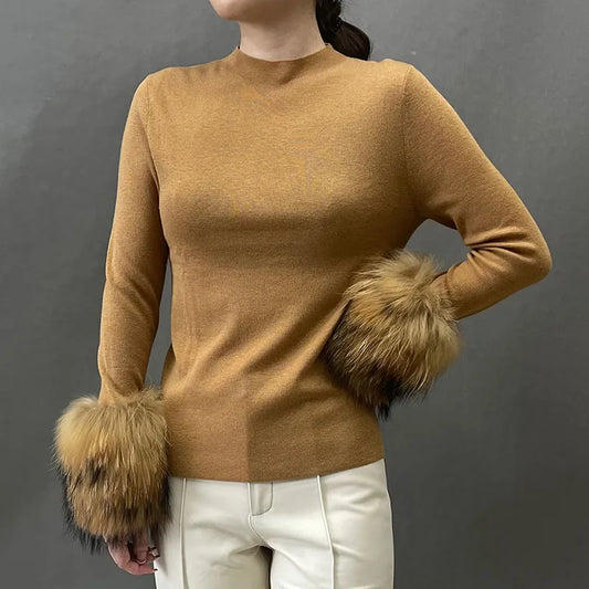 Lady Winter Sweater High Elastic With Raccoon Fur Cuff Women Clothing Detachable Cuff Pullover
