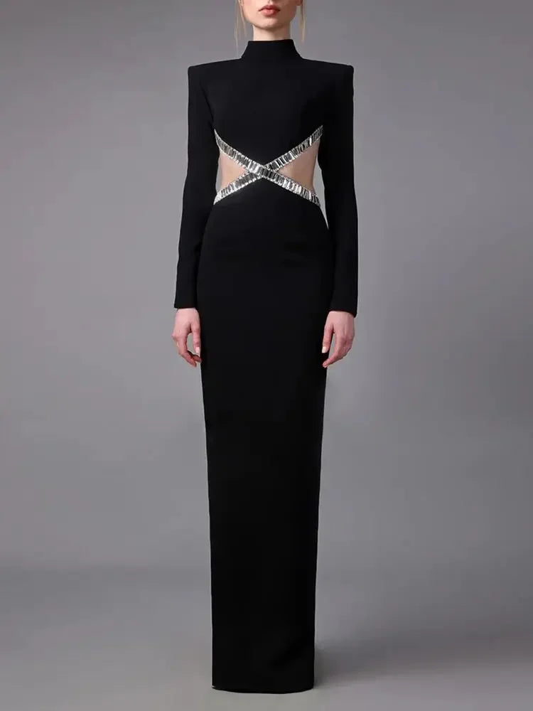 Luxury Diamond Hollow Sexy Long Sleeve Backless Long Bandage Dress Elegant Celebrity Party Dress