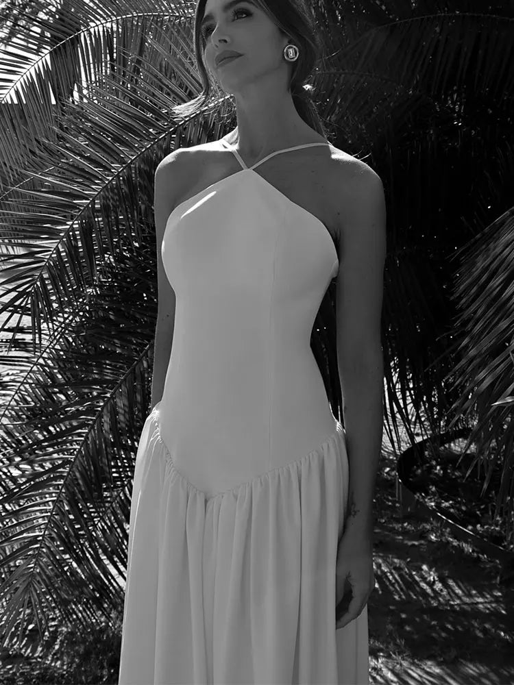 Elegant White Patchwork Suspendder Dress Vestidos