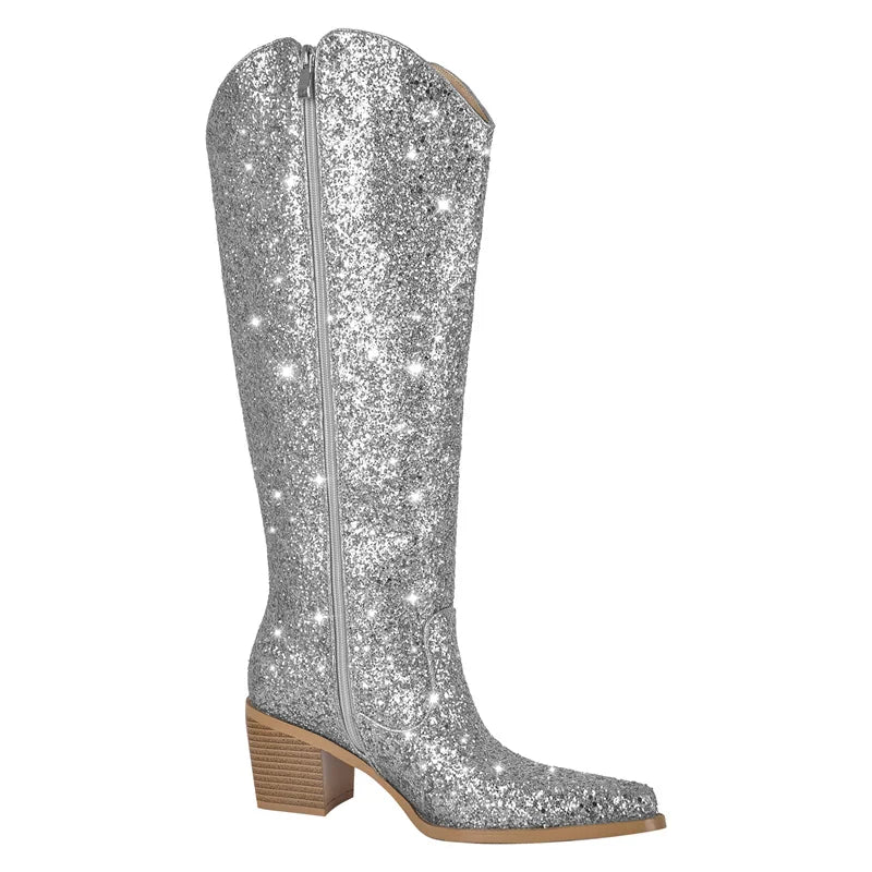 Pointed Toe Sliver Glitter Knee High Boots Western Cowboy Boots Bling Shiny Block  Heel Handmade Cowgirl Boots