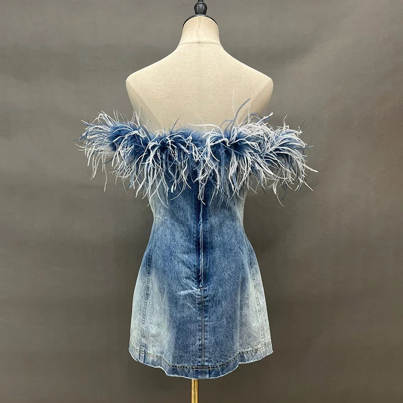 Women's Vintage Denim Bodycon Mini Dress with Belt, Sleeveless Jeans Dress Denim Dress Feather Dress