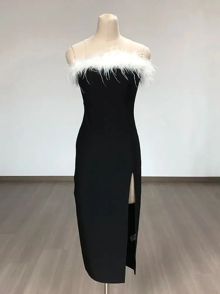 Evening Party Long Tight Bodycon Elegant Feather Strapless Side Split Birthday Club Clothing