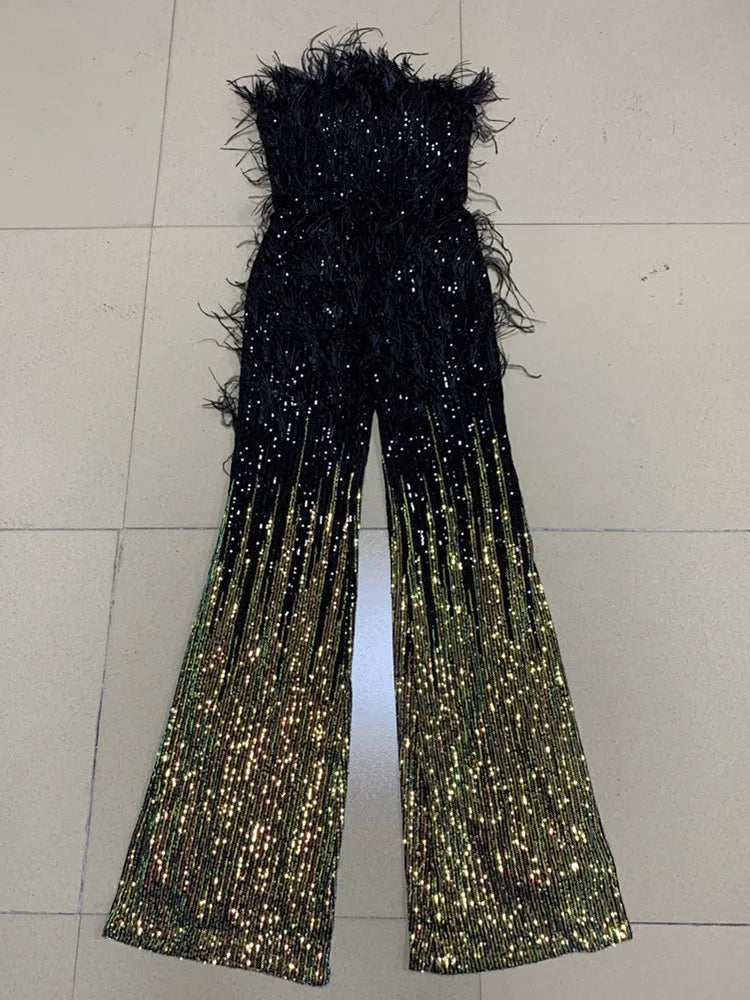 Summer Luxury Strapless Backless Feather Mesh Sequins Bodycon Jumpsuit Celebrity Designer Bodycon