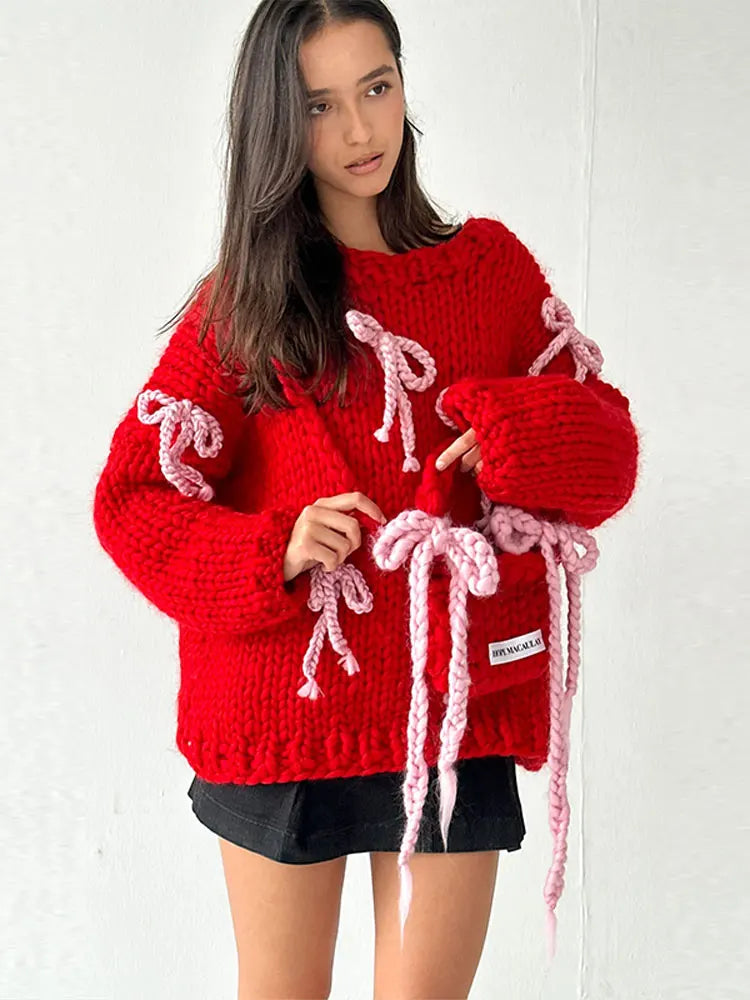 Contrast Bow Lace-up Knitted Pullover Long Sleeve Loose Sweater